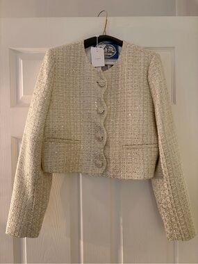Cami NYC Ivory Sequin Tweed Collarless Cropped Jacket